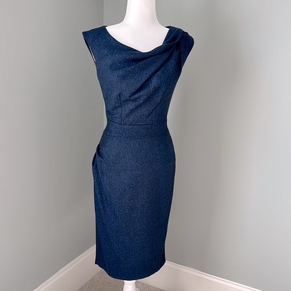 EUC - AXARA Paris sleeveless dark blue fine tweed midi dress. - Picture 1 of 14